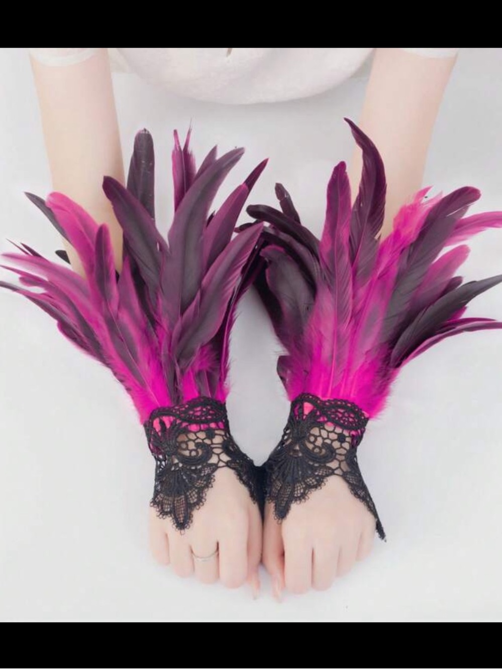 Pink & Black Feather Lace Wrist Gloves Cuffs